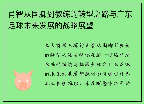 肖智从国脚到教练的转型之路与广东足球未来发展的战略展望
